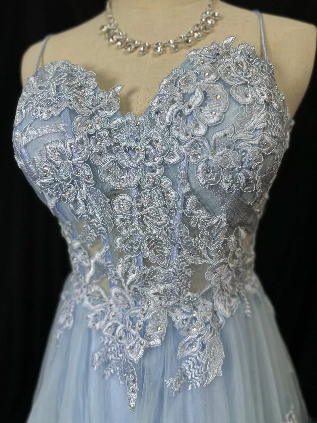 Vintage 80s Prom Dresses A line Spaghetti Strap Light Sky Blue Tulle Lace Long Party Gown Formal Outfits RB5996