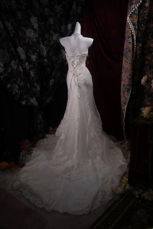 Atemberaubendes Meerjungfrau-Brautkleid im Stil der 2000er, herzförmiger Ausschnitt, weiße Spitze mit Applikationen, lang, für Herbst und Winter, Hochzeitskleid RB8470