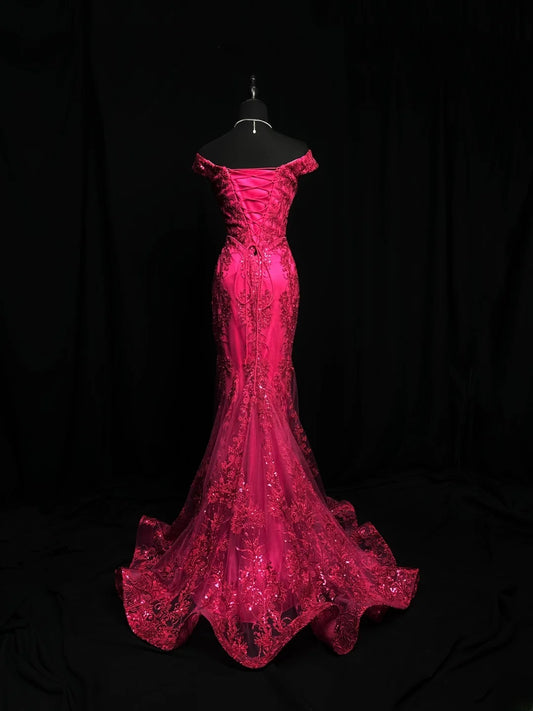 Modest Prom Dresses Mermaid Off The Shoulder Hot Pink Lace With Cap Sleeves Long Formal Outfits RB6001