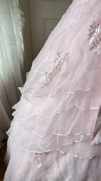 Sweet 15 Quinceanera Dress Ball Gown Strapless Pink Tiered Layers Tulle Long 15th Birthday Gown RC0564