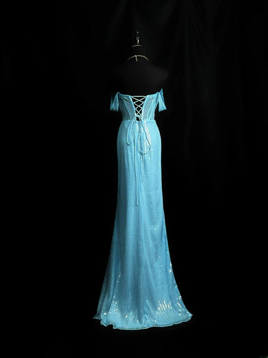 Beautiful Prom Dresses Mermaid Off The Shoulder Blue With Slit Long Formal Outfits RB6010