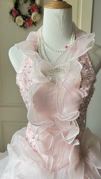 Elegant Sweet 16 Dress Long Halter Pink With Tiered Layers Ball Gown Sweet Sixteen Party Birthday Dresses RC0566