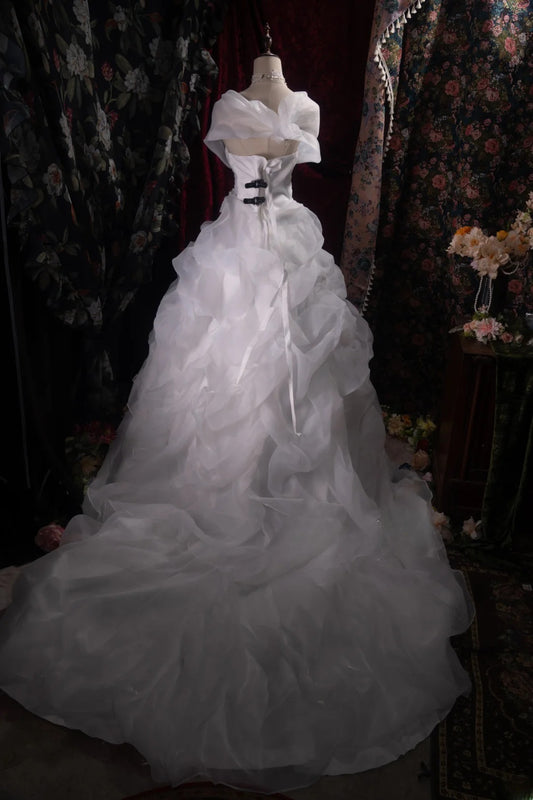 Atemberaubendes schulterfreies Ballkleid mit Perlenstickerei, Weiß, 2000er-Stil, mit Cape, geknöpft, tailliert, lang, Herbst/Winter Brautkleid Hochzeitskleider RB8484