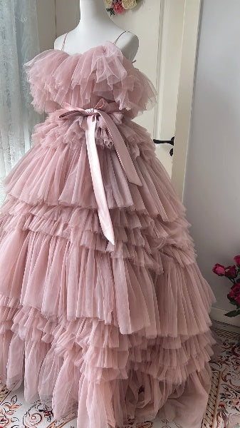 Elegant Sweet 16 Dress Long Spaghetti Straps Pink With Tiered Layers Ball Gown Sweet Sixteen Party Birthday Dresses RC0573