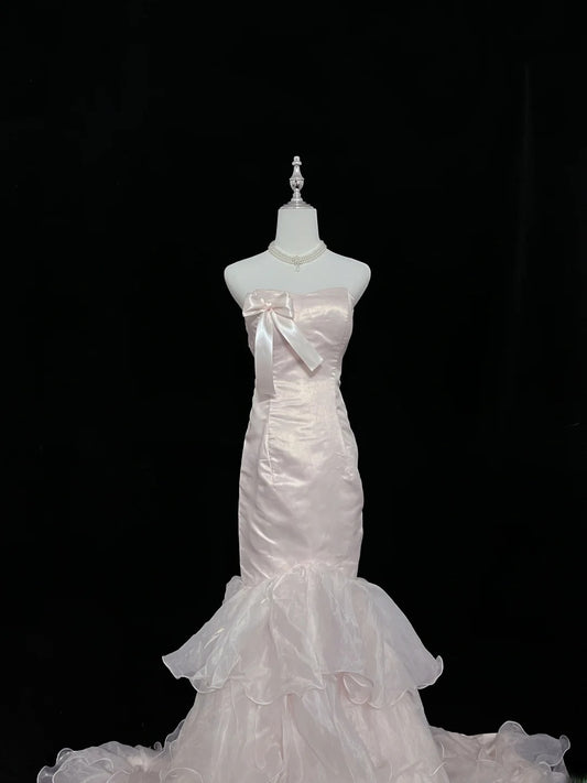 Beautiful Mermaid Strapless Pink With Tiered Layers Prom Dress Formal Outfits Evening Night Dresses RB7621
