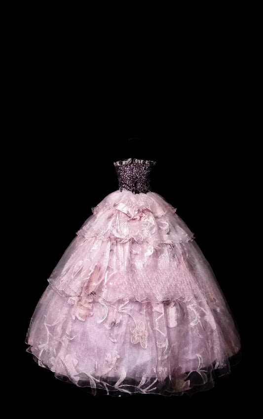 Ball Gown Strapless Pink Tulle Long Quinceanera Dresses With Tiered For Sweet 15 15 Anos Celebration Birthday Formal Gown RB8870