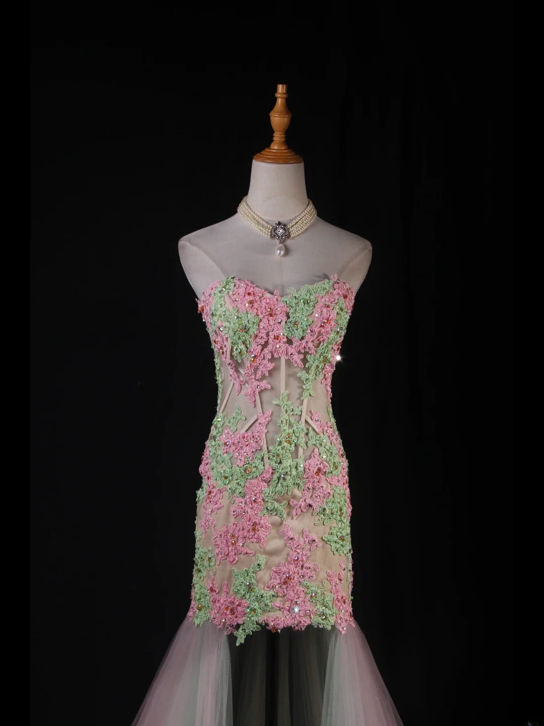 Robe de bal longue de soirée style sirène vintage années 1950 en tulle rose avec appliques, AS229