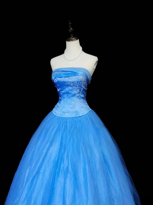 Pretty Ball Gown Strapless Royal Blue Tulle With Beads Long 15 Quinceanera Dresses Photo Ideas Formal Outfit RB6032