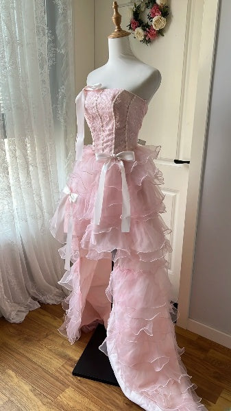 Vintage Prom Dresses Aesthetic 80s Retro High Low Strapless Pink Evening Outfits RC0584