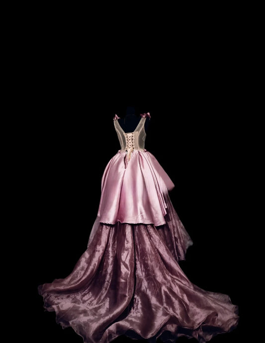 Gothic High Low Sweet 16 Ball Gown,Pink 3D Flowers Layered Tulle Long Sweet Sixteen Formal Dress RB9986