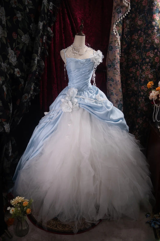 Chic Ball Gown Spaghetti Straps White Tulle Blue Long With Flower Tiered Quince Dress inspo Party Gowns Sweet 16 Outfits RB8507