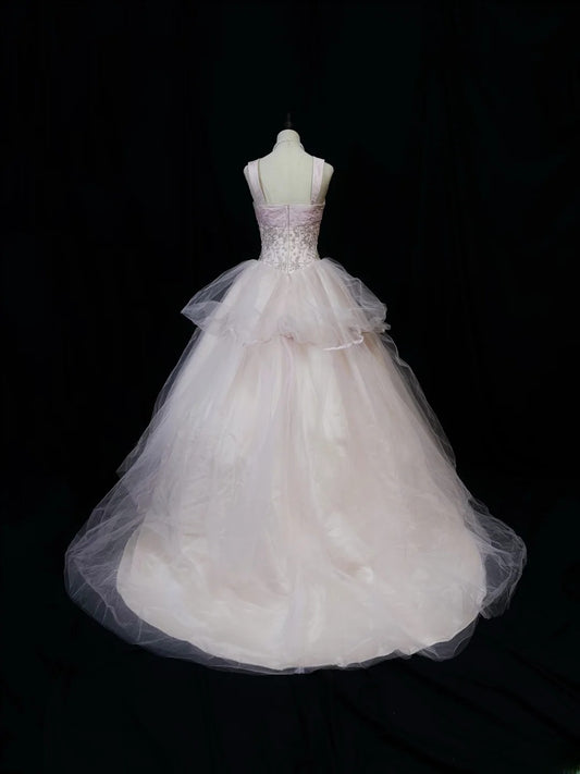 Pretty Ball Gown Straps White Pink Tulle With Beading Long 15 Quinceanera Dresses Photo Ideas Formal Outfit RB6098