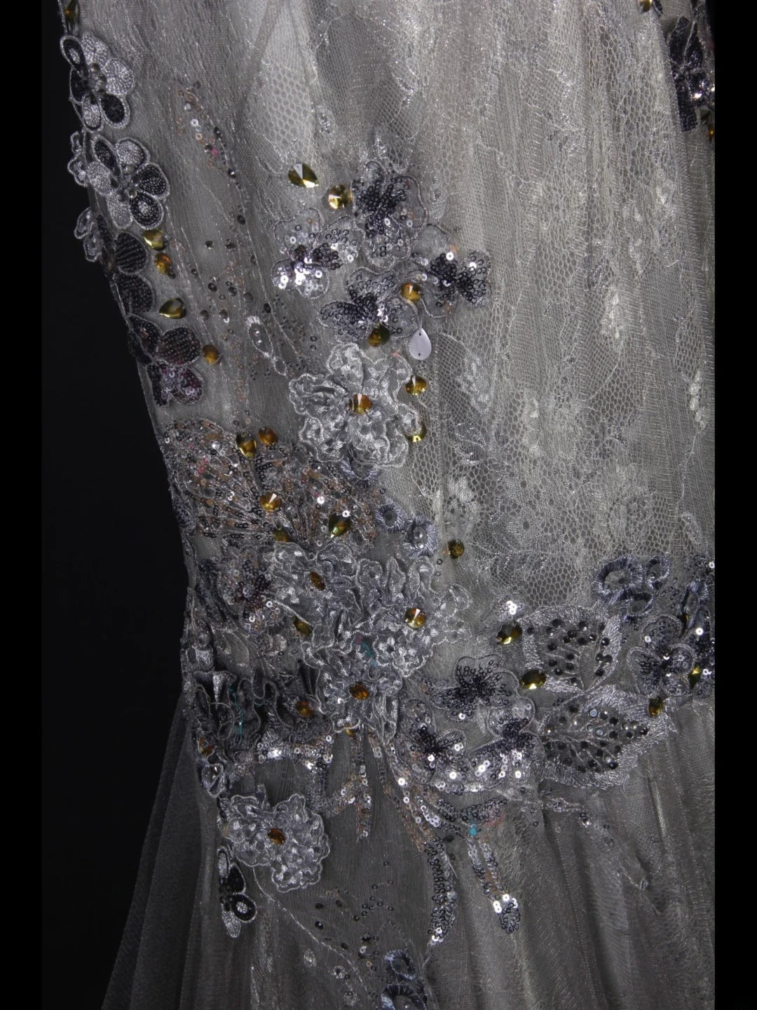 Robe de bal élégante années 1950, sirène, bretelles spaghetti, dentelle gris argenté ornée de perles, robe de soirée longue AS242