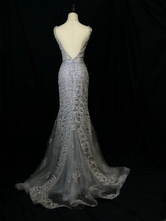 Vintage 90s Prom Dresses Mermaid V Neckline Gray Tulle Lace Long Party Gown Formal Outfits RB6095