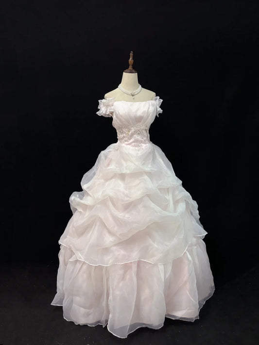 Dreamy Ball Gowns Off The Shoulder Pearl Pink With Tiered Layers Long Prom Dresses Senior Puffy Sweet 16 Sixteen Outfit Vestido de 15 RB7643
