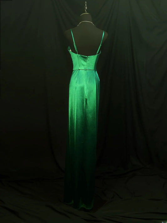 Simple Prom Dresses Mermaid Spaghetti Strap Green With Slit Long Formal Outfits RB6096