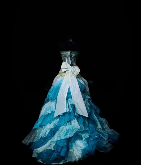 Vintage Ball Gown Halter Blue Chiffon Long Prom Dress With Tiered Inspiration Party For Womens Formal Dresses RB8881