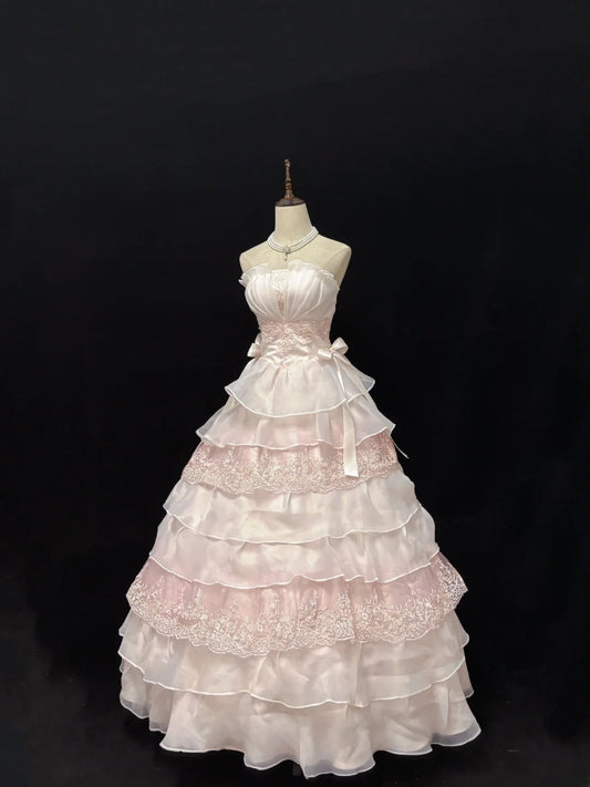 Elegant Ball Gowns Strapless Pink Poofy Long With Tiered Layers Quince Dress Sweet 16 inspo Quinceanera Dresses Vestidos De 15 anos RB7649