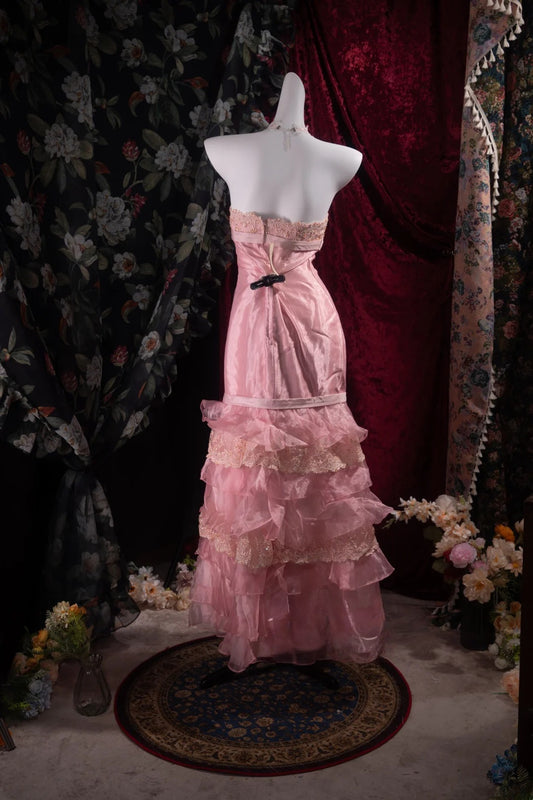 Modest Mermaid Strapless Pink Organza With Appliqued High School Dances Prom Dresses Formal Outfits Evening Gown RB8511