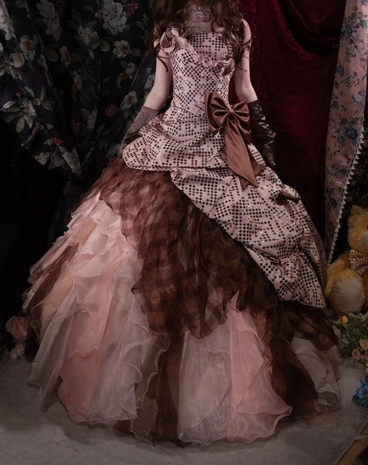 Sophisticated Ball Gown Spaghetti Straps Brown Pink Tulle Long With Ruffled Quince Dress Impress Party Gowns Sweet 16 Outfits RB8512