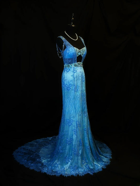 Vintage 90s Prom Dresses Mermaid V Neckline Blue Lace With Beading Party Gown Formal Outfits RB6104