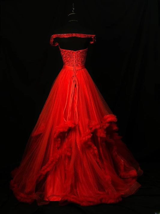 Vintage 90s Prom Dresses Ball Gown Off The Shoulder Red Tiered Layers With Beading Party Gown Formal Outfits RB6105