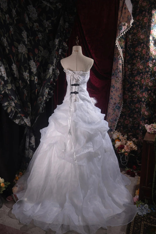 Vintage Ballkleid herzförmiger Ausschnitt Weiß Tüll 2000er mit Applikationen lang Herbst Winter Brautkleid Hochzeitskleider RB8513