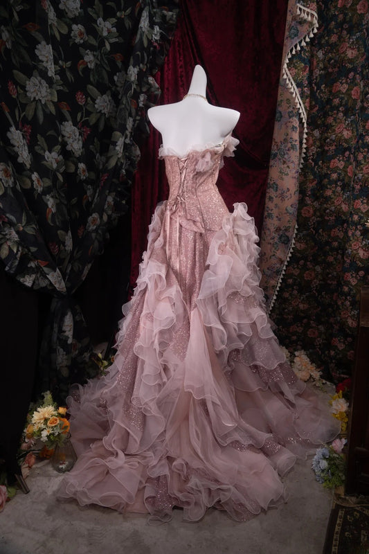 Modest Mermaid Strapless Pink Sequin With Tiered High School Dances Prom Dresses Formal Outfits Evening Gown RB8514