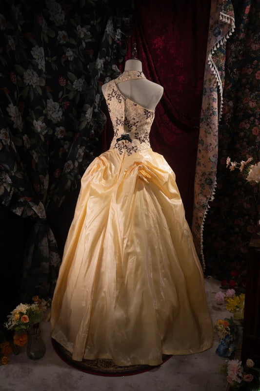 Cute Ball Gown Formal Events High Neck Yellow Organza With Lace Quince Dress Quinceanera Dresses Birthday Outfits RB8515