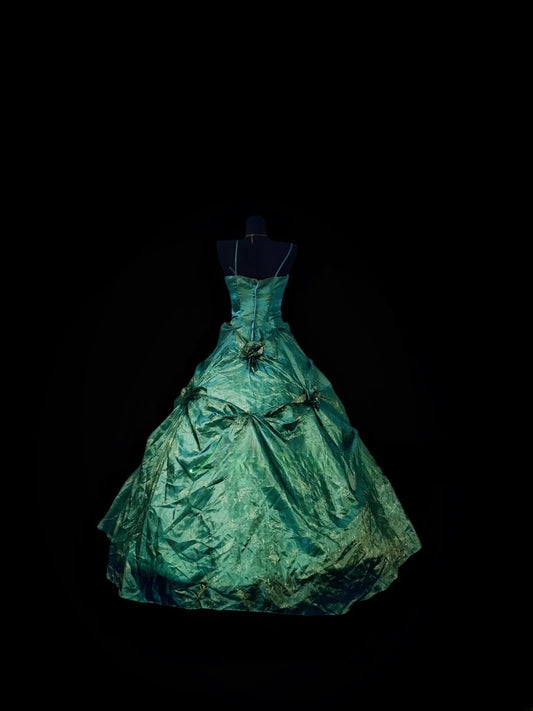 Gothic Spaghetti Straps Sweet 16 Ball Gown,Green 3D Flowers Tulle Long Sweet Sixteen Formal Dress RB9989