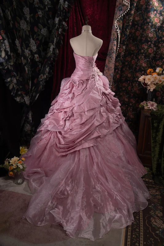 Sophisticated Ball Gown Strapless Pink Tulle Long With Flowers Quince Dress Impress Party Gowns Sweet 16 Outfits RB8519