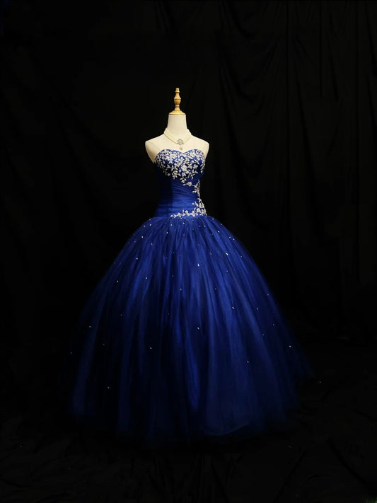 Pretty Ball Gown Sweetheart Royal Blue Tulle With Appliqued Corset Fitted Long 15 Quinceanera Dresses Photo Ideas Formal Outfit RB6113