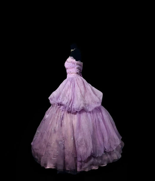 Modest Ball Gown Strapless Lilac Long Quinceanera Dresses With Beaded For Sweet 15 15 Anos Celebration Birthday Formal Gown RB8891
