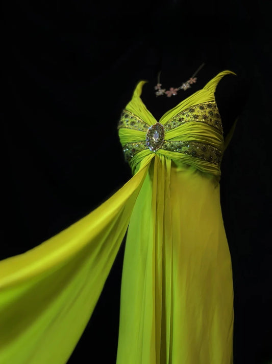 Vintage 90s Prom Dresses A line V Neckline Green Chiffon With Beading Party Gown Formal Outfits RB6116