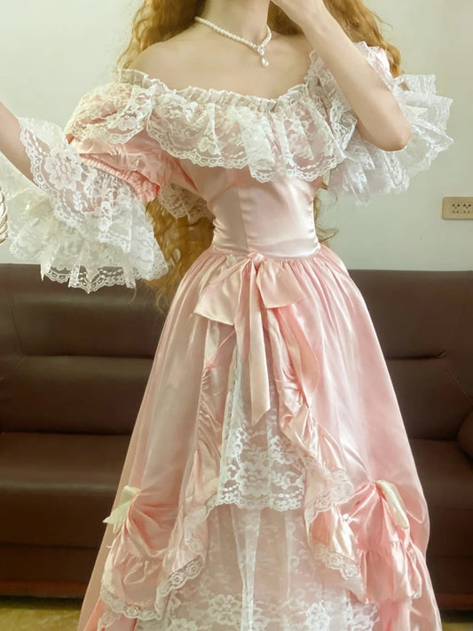 Prom Dress Vintage Ball Gown Square Neck Pink Satin Floor Length Formal Gown for Women Graduation Party RB9259