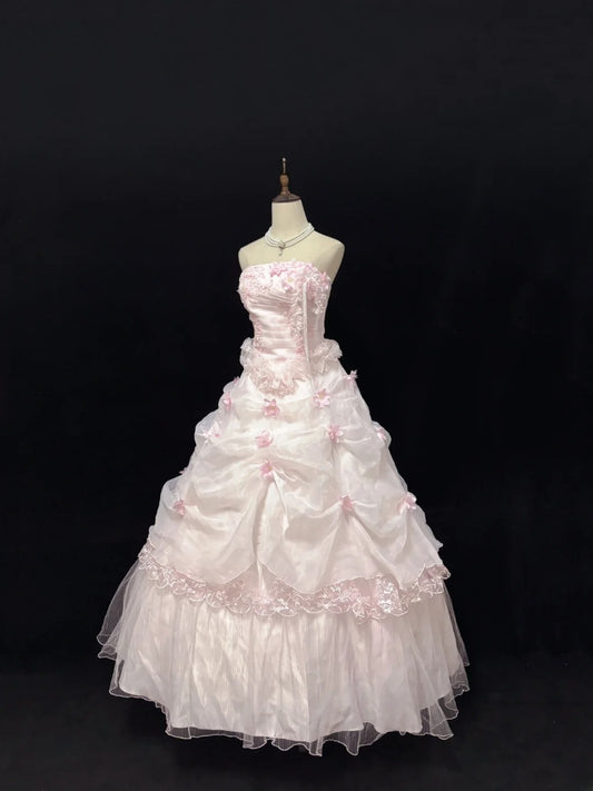 Ethereal Prom Dress Ball Gowns Strapless Pink Tulle Poofy Basque Waist Long With 3D Flowers Quince Dress inspo Quinceanera Dresses Vestidos De 15 anos RB7723