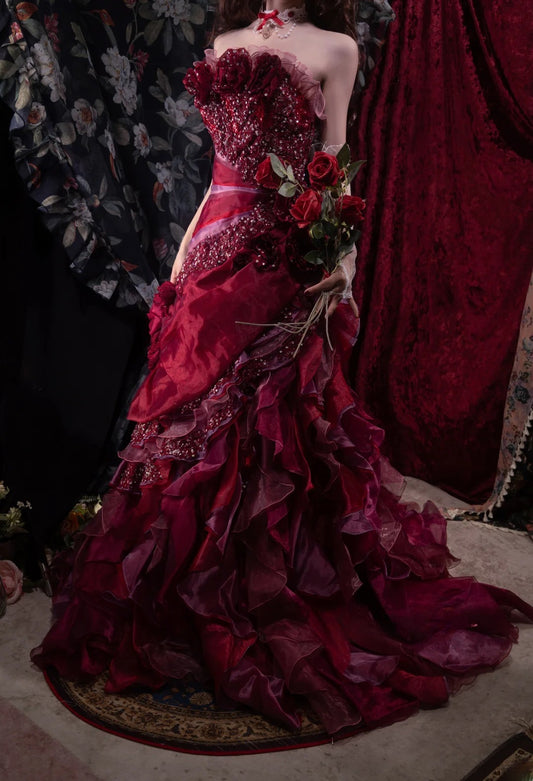 Vintage 1950s Mermaid Strapless Burgundy With Tiered Beaded High School Dances Prom Dresses Formal Outfits Evening Gown RB8524