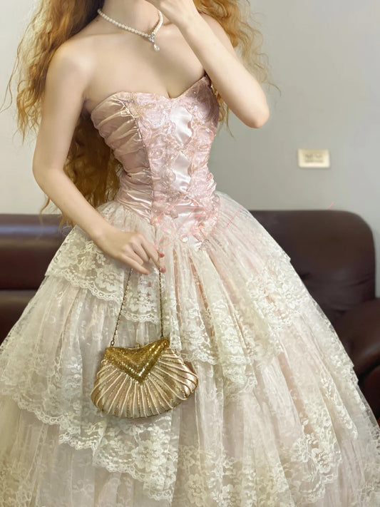 Prom Dress Elegant Ball Gown Pink Sweetheart Pink Lace Floor Length Formal Evening Gown for Women Graduation Party RB9329