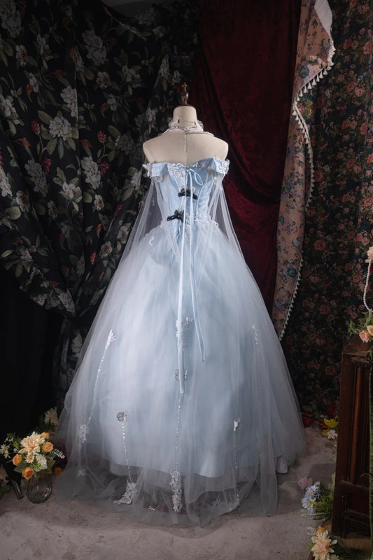Regal Ball Gown Formal Events Strapless Light Blue Tulle With Butterfly Lace Quince Dress Long Quinceanera Dresses Birthday Outfits RB8529