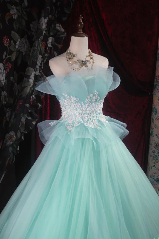 Cute Ball Gown Formal Events Strapless Mint Green Tulle With Appliqued Quince Dress Quinceanera Dresses Birthday Outfits RB8530