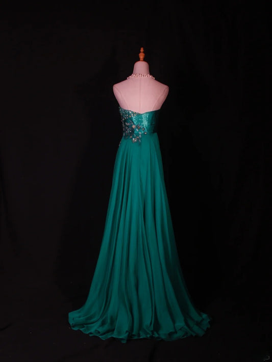 Vintage A-Linien-Abendkleid aus grünem Chiffon mit herzförmigem Ausschnitt und Perlenbesatz – ein beeindruckendes Outfit zum 20. Geburtstag, formelles Abendkleid AS285