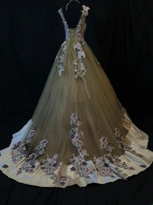 Vintage 90s Prom Dresses Ball Gown V Neck Olive Green Tulle With Appliqued Party Gown Formal Outfits RB6128