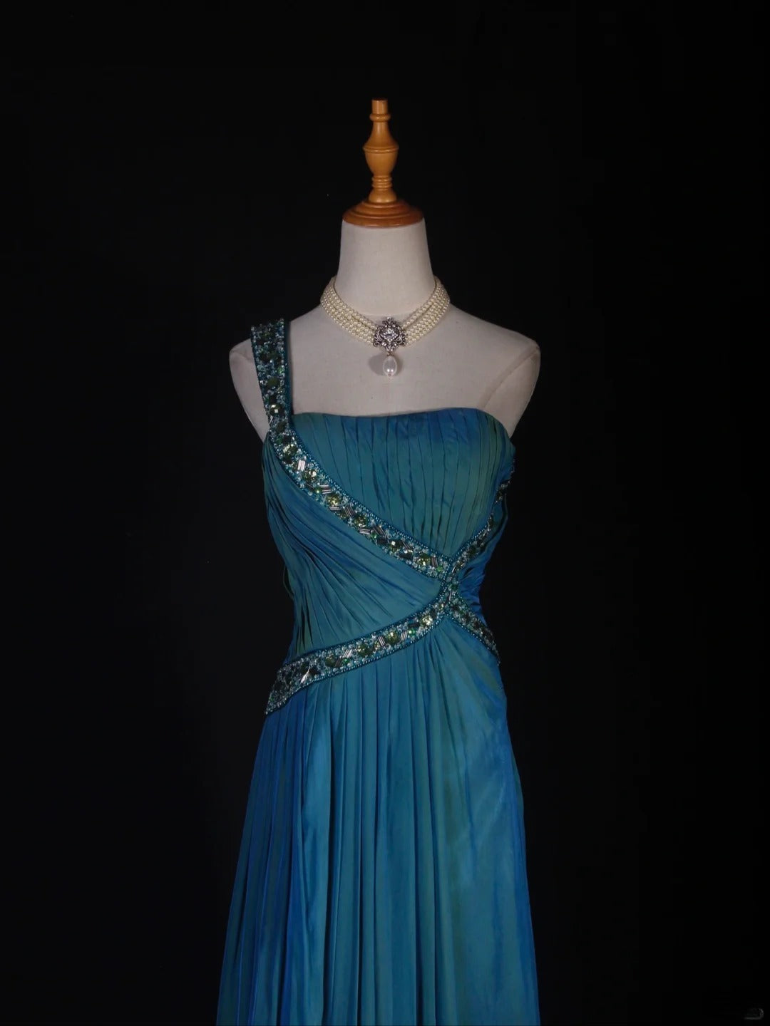 Retro A line One Shoulder Chiffon Blue With Beads Bodice Long Prom Dresses Impress 18th Birthday Outfit Formal Gown AS288