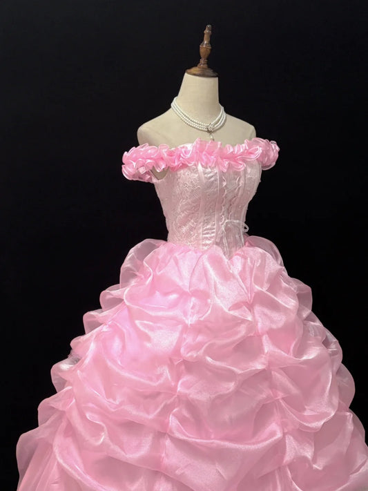 Princess Ball Gowns Off The Shoulder Pink Organza Poofy Long With Tiered Layers Quince Dress inspo Quinceanera Dresses Vestidos De 16 anos RB7740