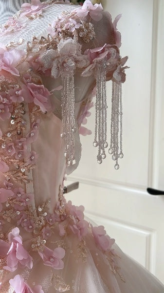 Sweet 15 Quinceanera Dress Ball Gown Scoop Pink Tulle With 3D Flowers Appliques Long 16th Birthday Outfits RC0626