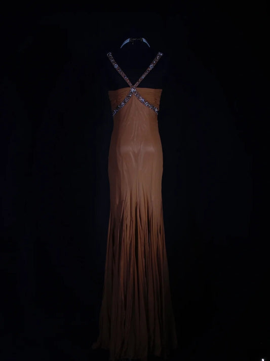 Vintage Meerjungfrauen-Abendkleid im 80er-Jahre-Stil, Neckholder, gebranntes Orange mit Perlen, langes Kleid, beeindruckendes Outfit zum 20. Geburtstag, formelles Abendkleid AS291