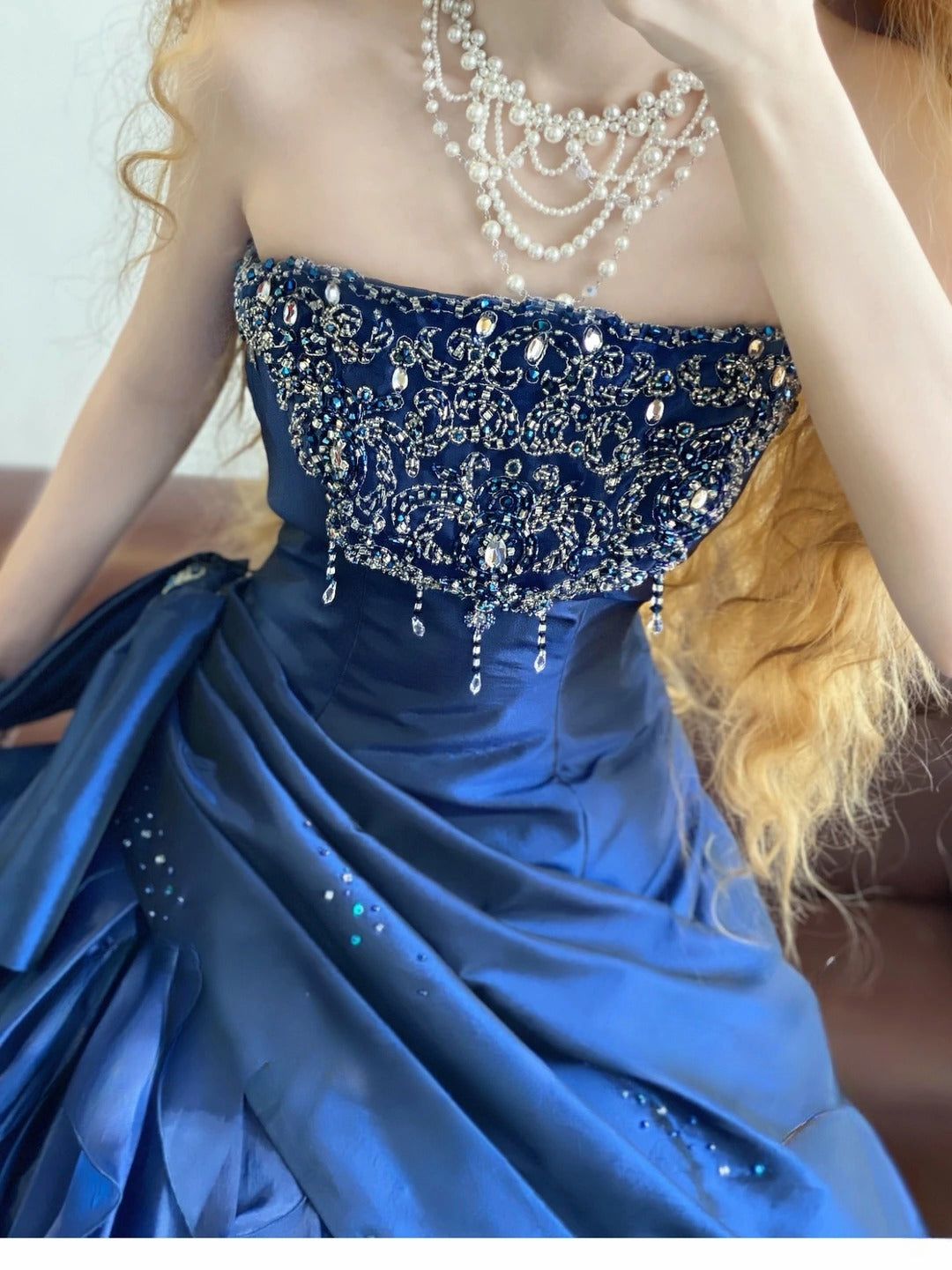 Strapless Satin Sweet 16 Dress Navy Blue Ruched Modest Sweet Sixteen Formal Party Gown RB9344