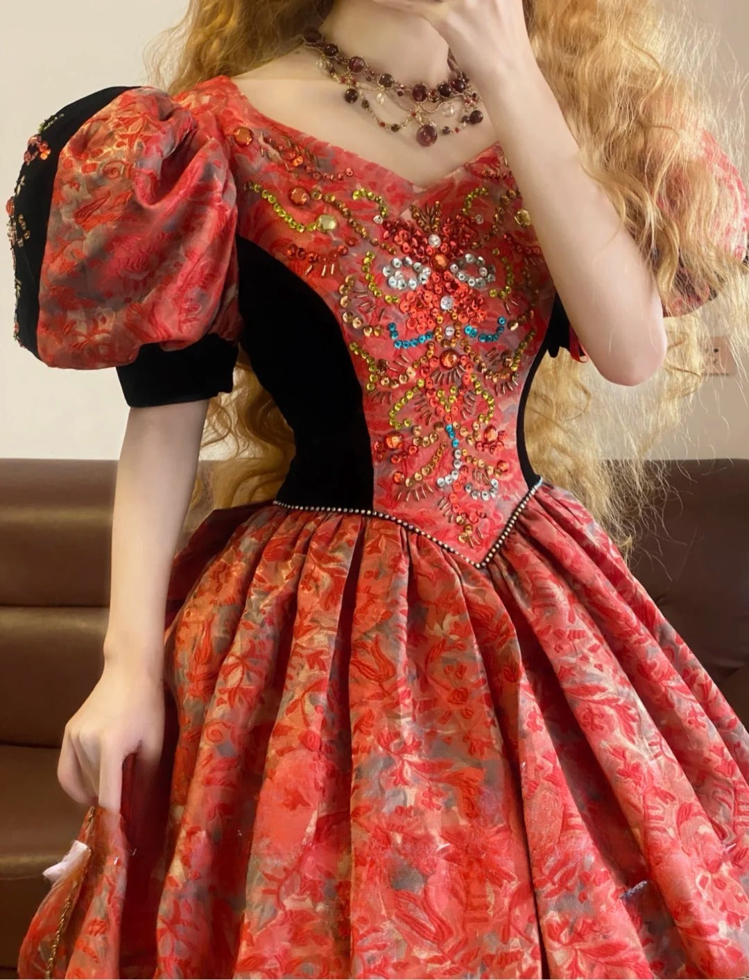 Ball Gown Sweetheart Floral Red Sweet 16 Dress With Puffy Sleeves Sweet Sixteen Princess Dress RB9350
