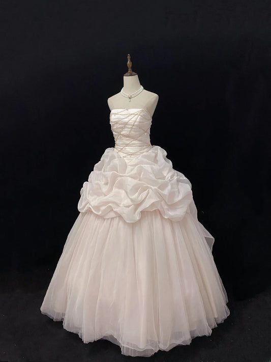 Cute Ball Gowns Strapless Pink Tulle Poofy Long With Beading Quince Dress inspo Quinceanera Dresses Vestidos De 16 anos RB7757