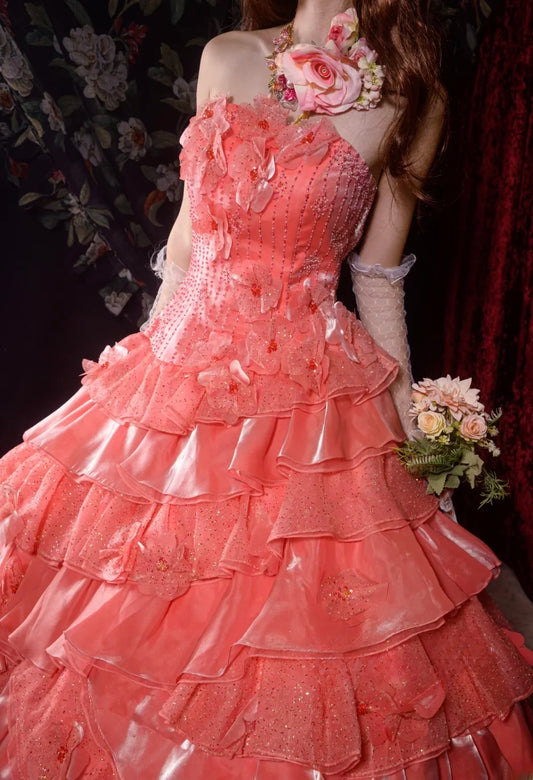 Regal Ball Gown Formal Events Strapless Coral Pink With Tiered Layers Lace Quince Dress Long Quinceanera Dresses Birthday Outfits RB8549